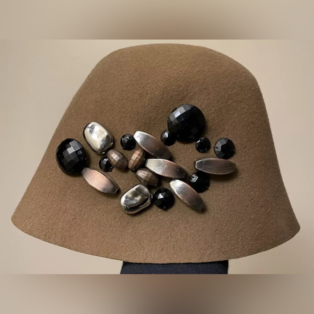 LORENZO brown tan wool bucket hat rhinestones Small Medium S M Italy